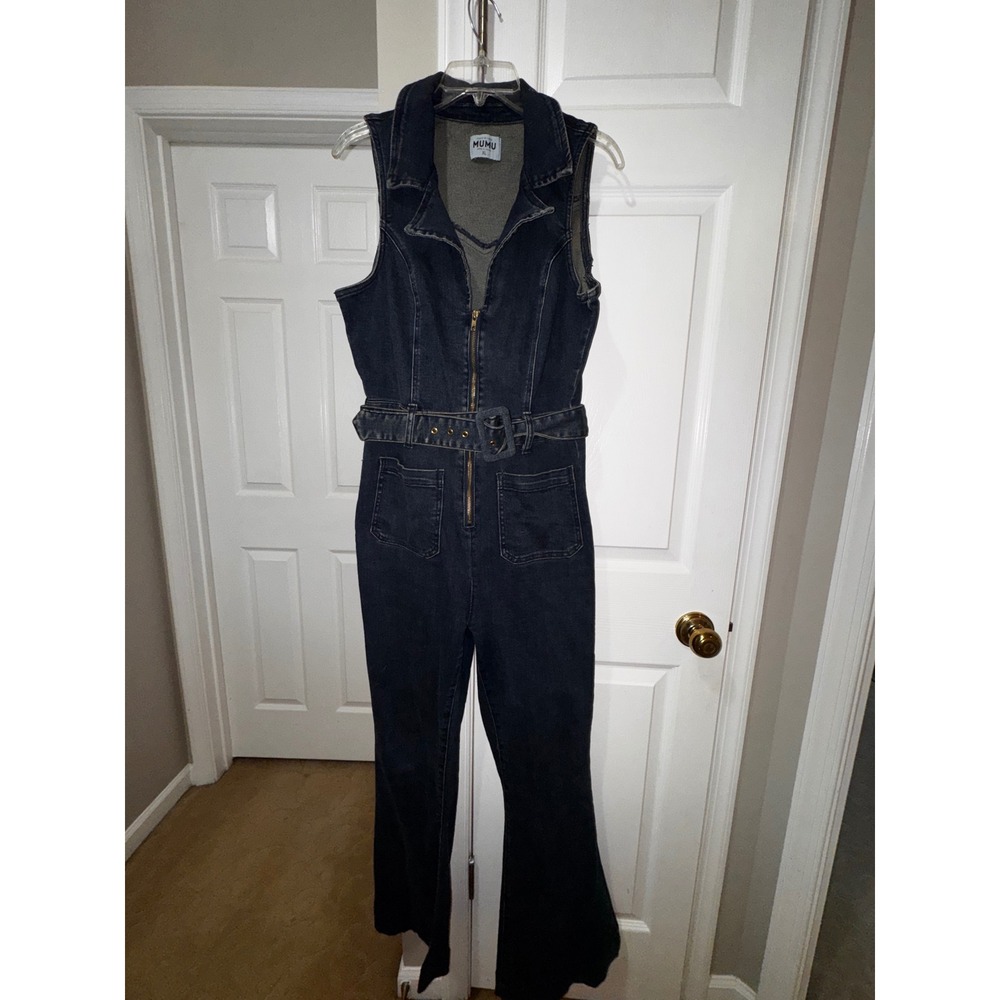 Show Me Your Mumu Womens Denim Jumpsuit Dark Wash Flare Leg Belted XL Sleeveless - Picture 4 of 9